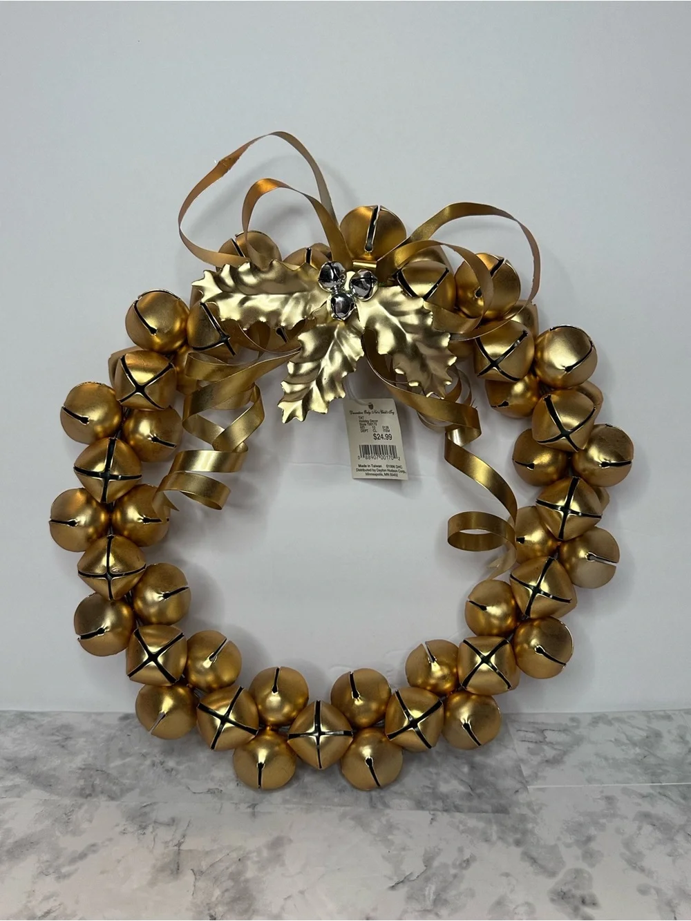 Festive Gold Jingle Bell Wreath with Bow